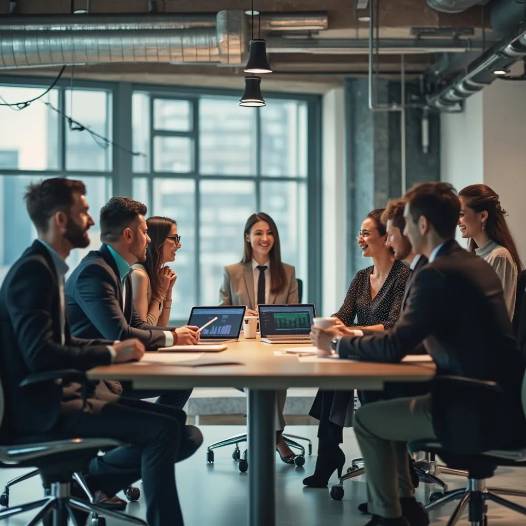 Equipo diverso de consultores en reunión estratégica