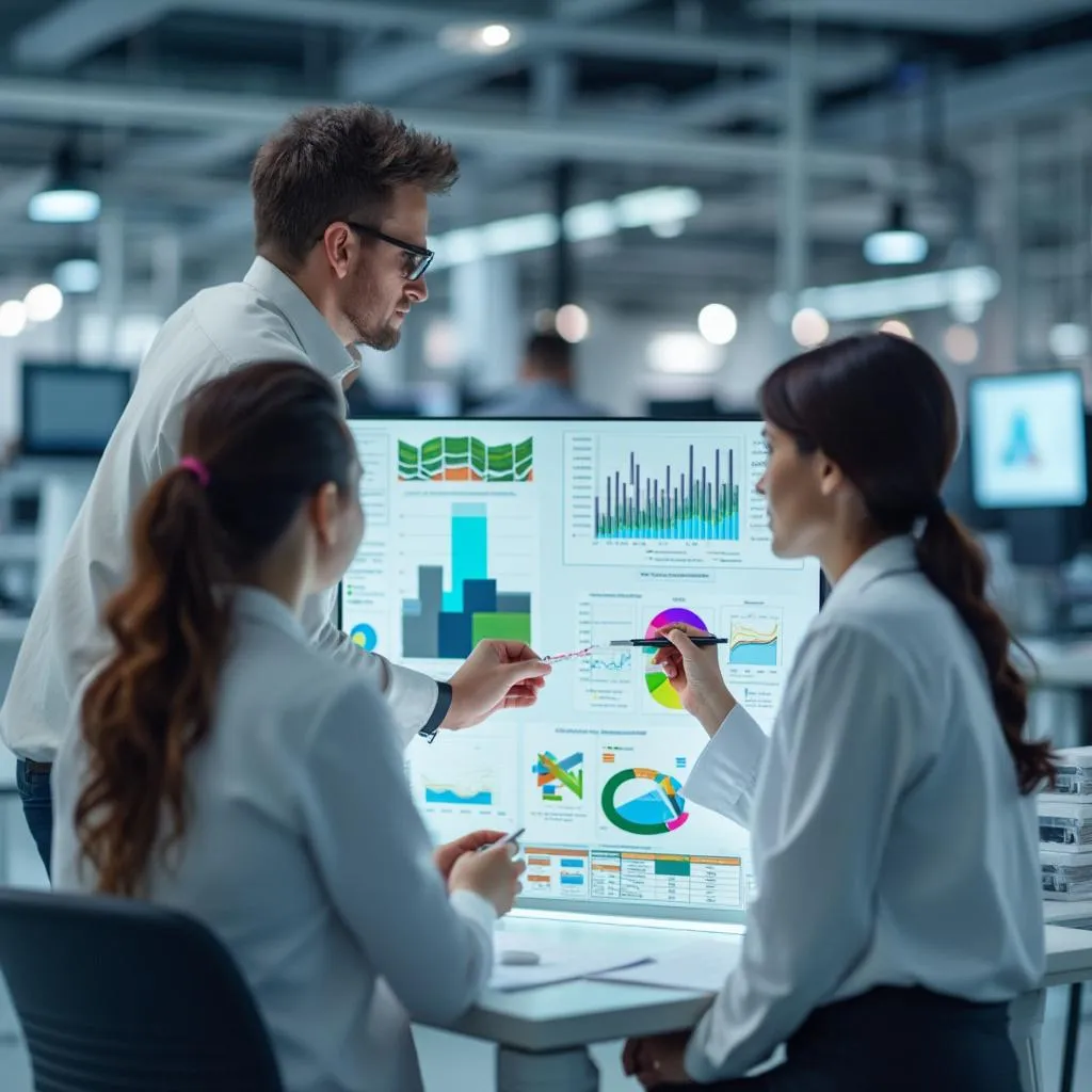Equipo de investigación analizando datos sobre relaciones cliente-consultora